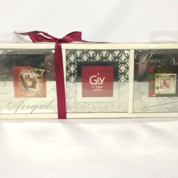 2 Sets, 3 Each Square Glass Ornamental Christmas Sayings & Base Tabletop Display - Picture 1 of 3